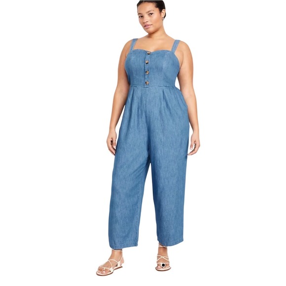 Old Navy Pants - Old Navy Denim Jumpsuit XXL Petite Chambray Button Front Wide Leg Cropped